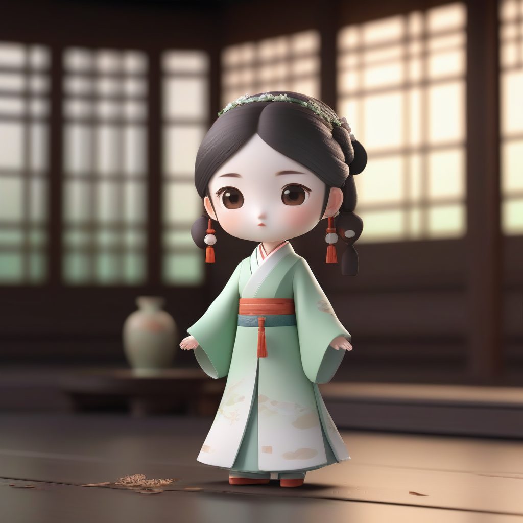 粘土风国风少女：C4D光线追踪竹林主题汉服全身像