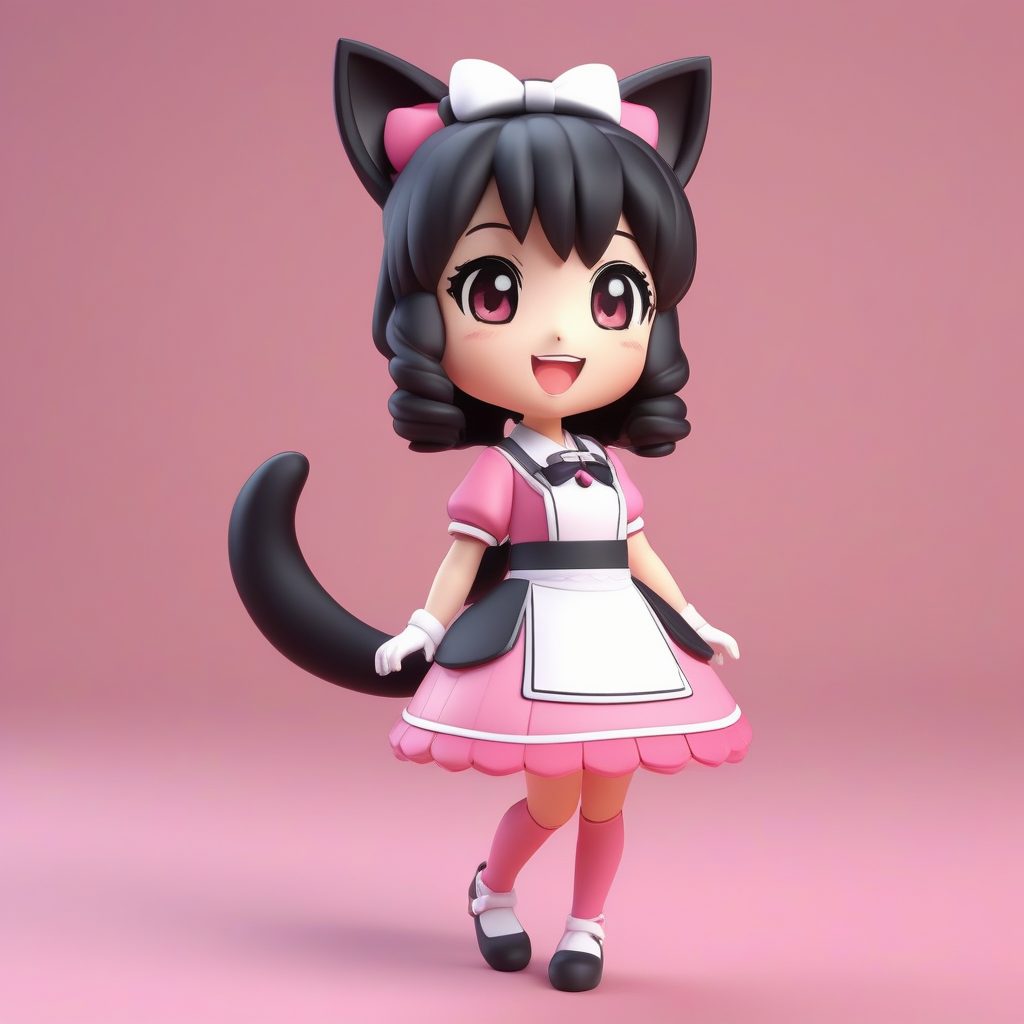 黏土风Q版黑发双马尾猫耳女仆：高品质3D盲盒渲染图