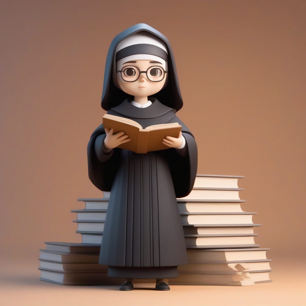 粘土风图书馆修女：堆叠巨型书籍的C4D盲盒角色设计