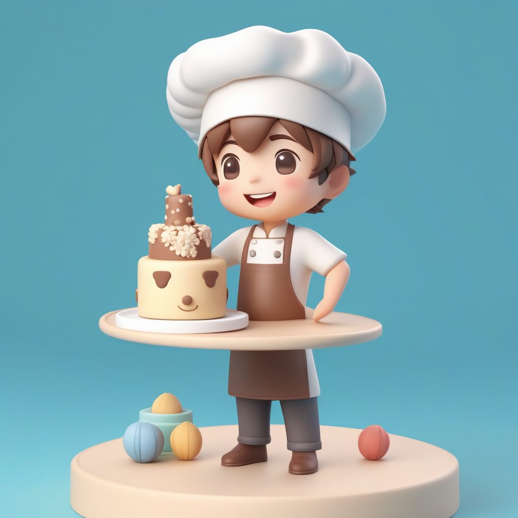 粘土盲盒风Q版棕发小厨师AI提示词：3D食物与人物结合渲染