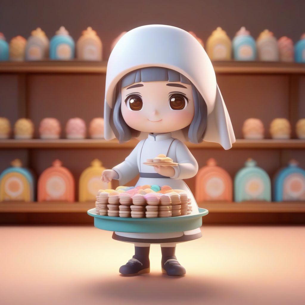 粘土甜点师修女：手捧华夫饼托盘的可爱Pop Mart全身渲染