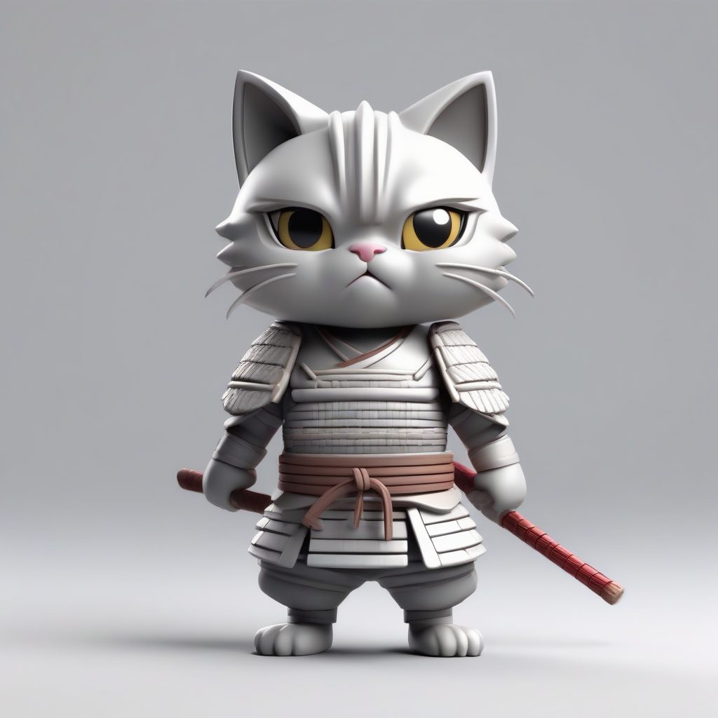 粘土武士猫咪：Q版全身站立手办，极简光影与浅灰色背景
