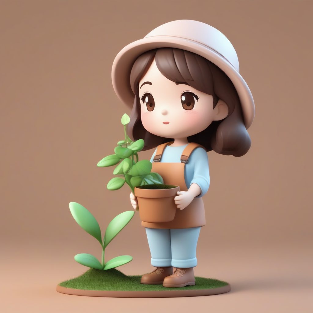 粘土质感3D渲染Q版园艺师女孩：治愈系全身像盲盒模型