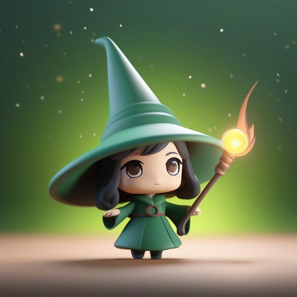 粘土质感Q版小女巫：3D渲染盲盒人偶与翡翠魔法特效