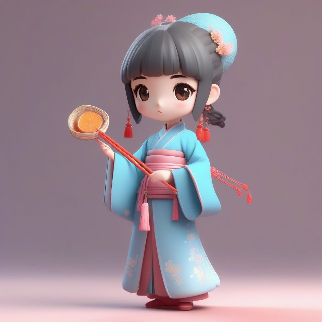 粘土质感唐制Q版汉服女孩：吃糖葫芦3D全身渲染图