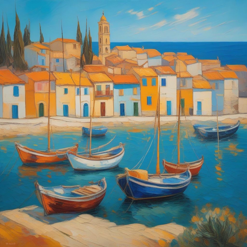 宁静的海岸小镇：充满活力的地中海风格印象派油画AI提示词