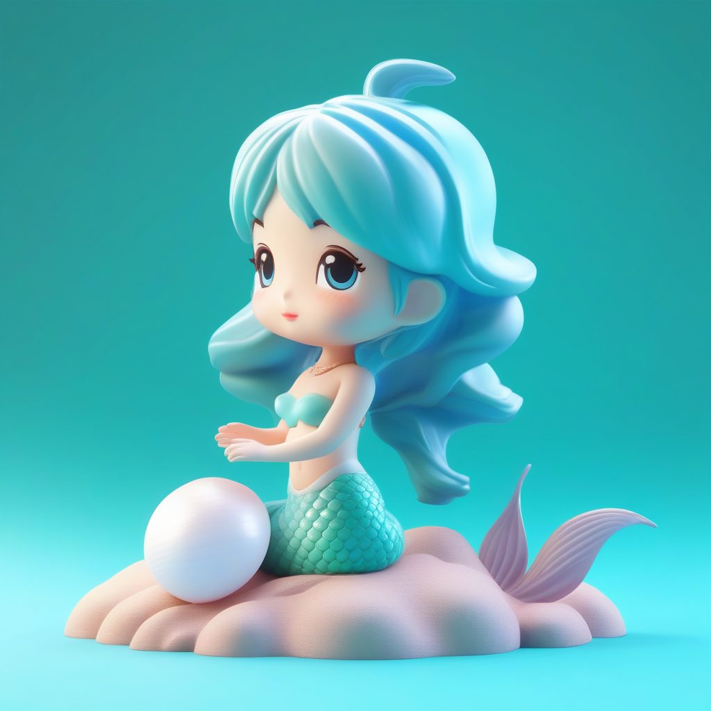 Octane高饱和Q版深海美人鱼：3D粘土手办全身特写，纯净绿松石背景