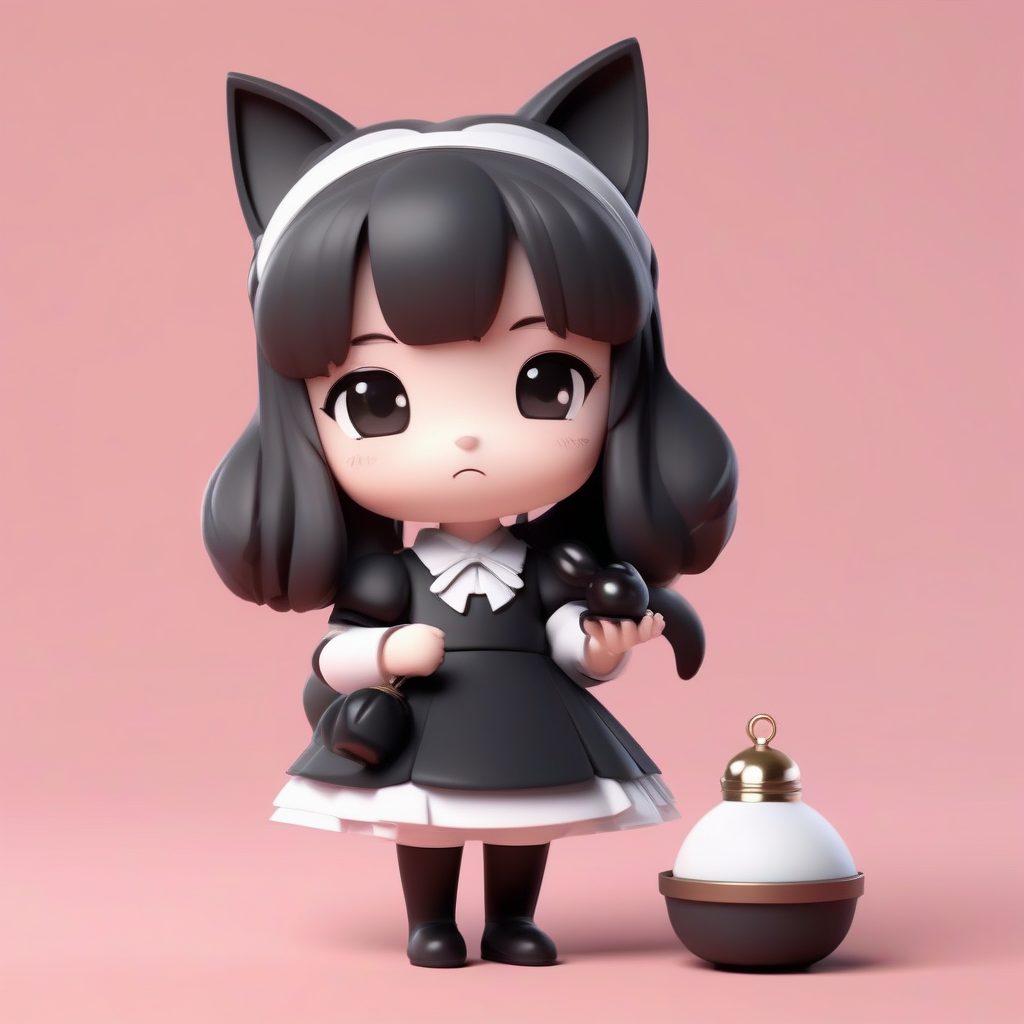 Octane高光Q版猫耳女仆：嘟嘴表情与柔和粉色背景3D提示词