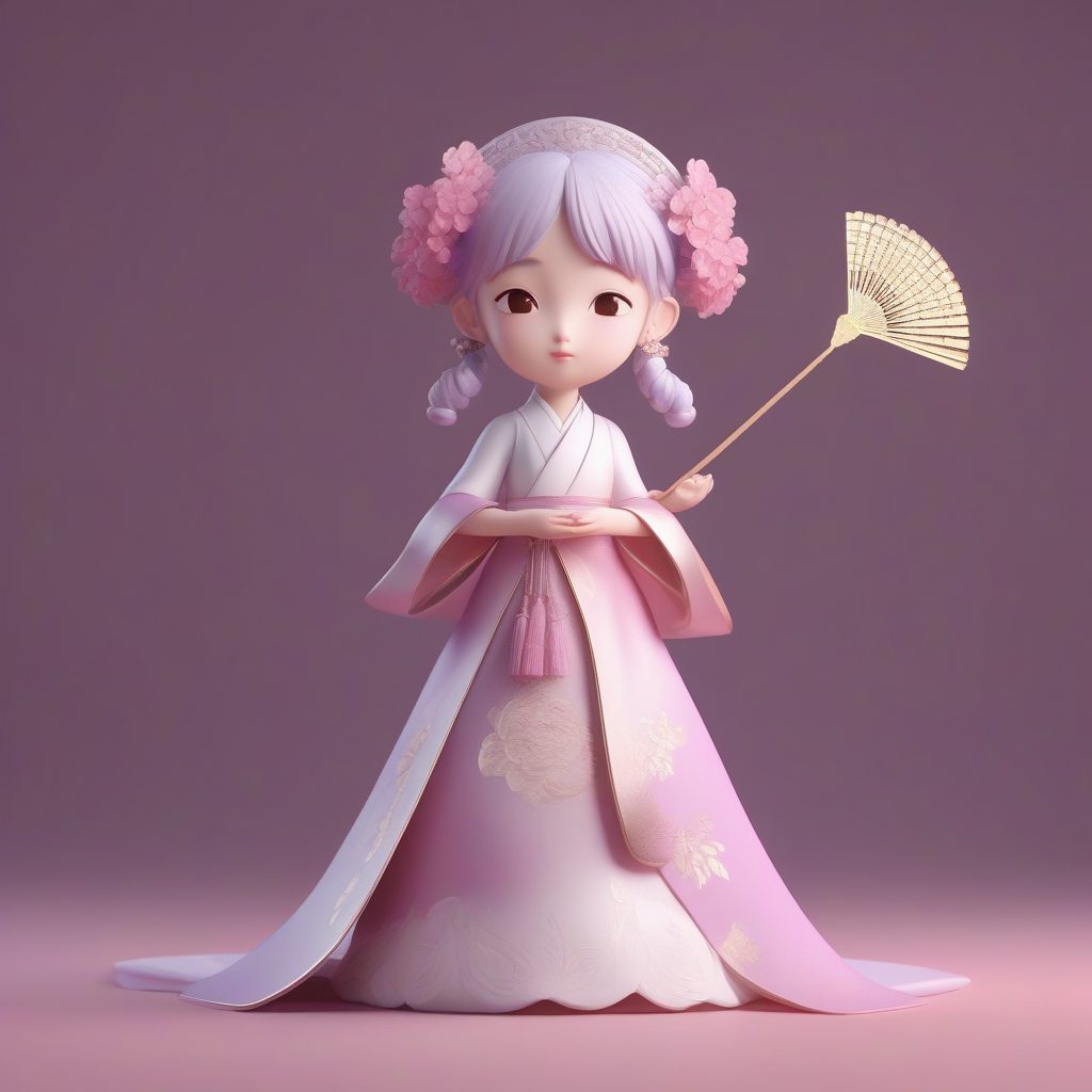 Octane渲染Q版古风仕女：持团扇遮面，典雅可爱，柔和景深效果