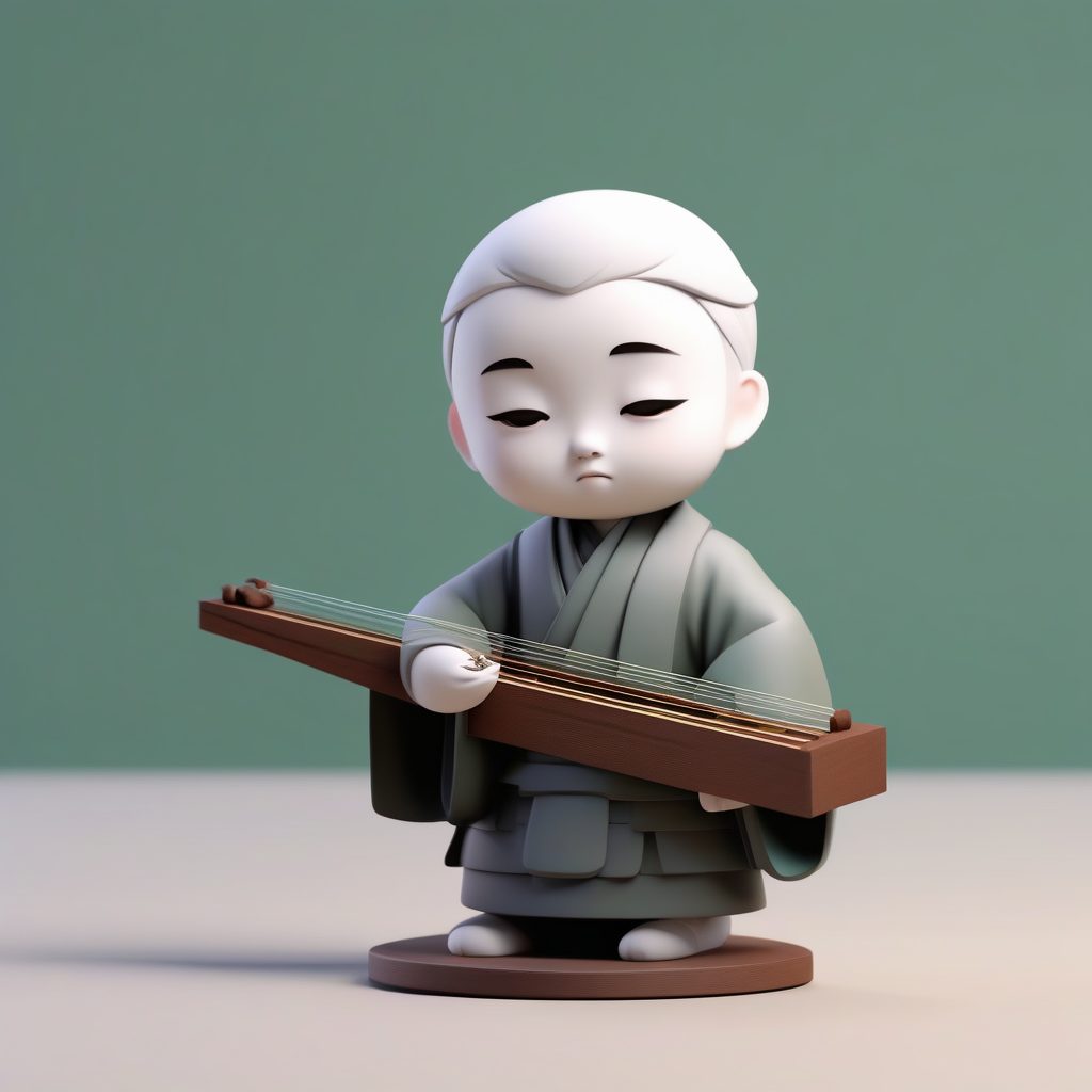 Octane渲染Q版古琴师：极简禅意3D手办，纯玉色背景提示词