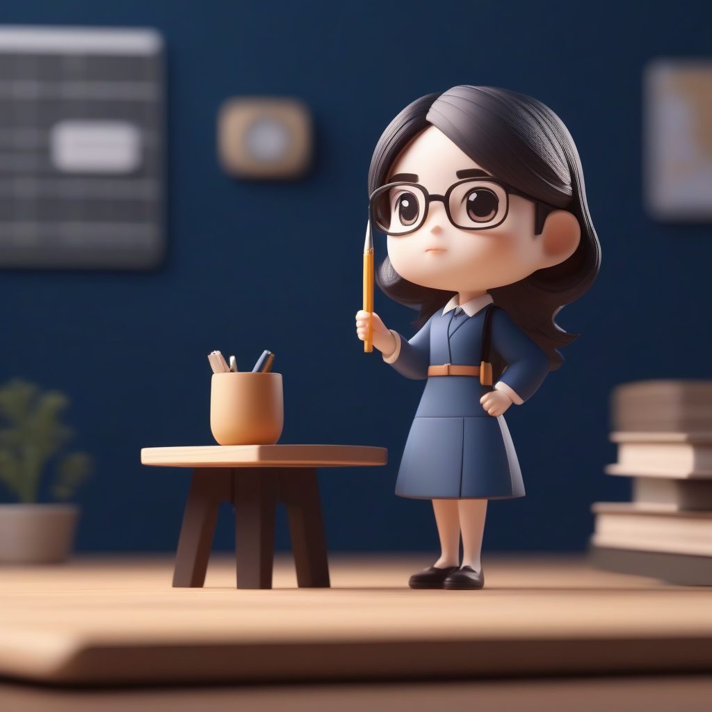 Octane渲染Q版语言老师：持笔专注板书的教学站立照