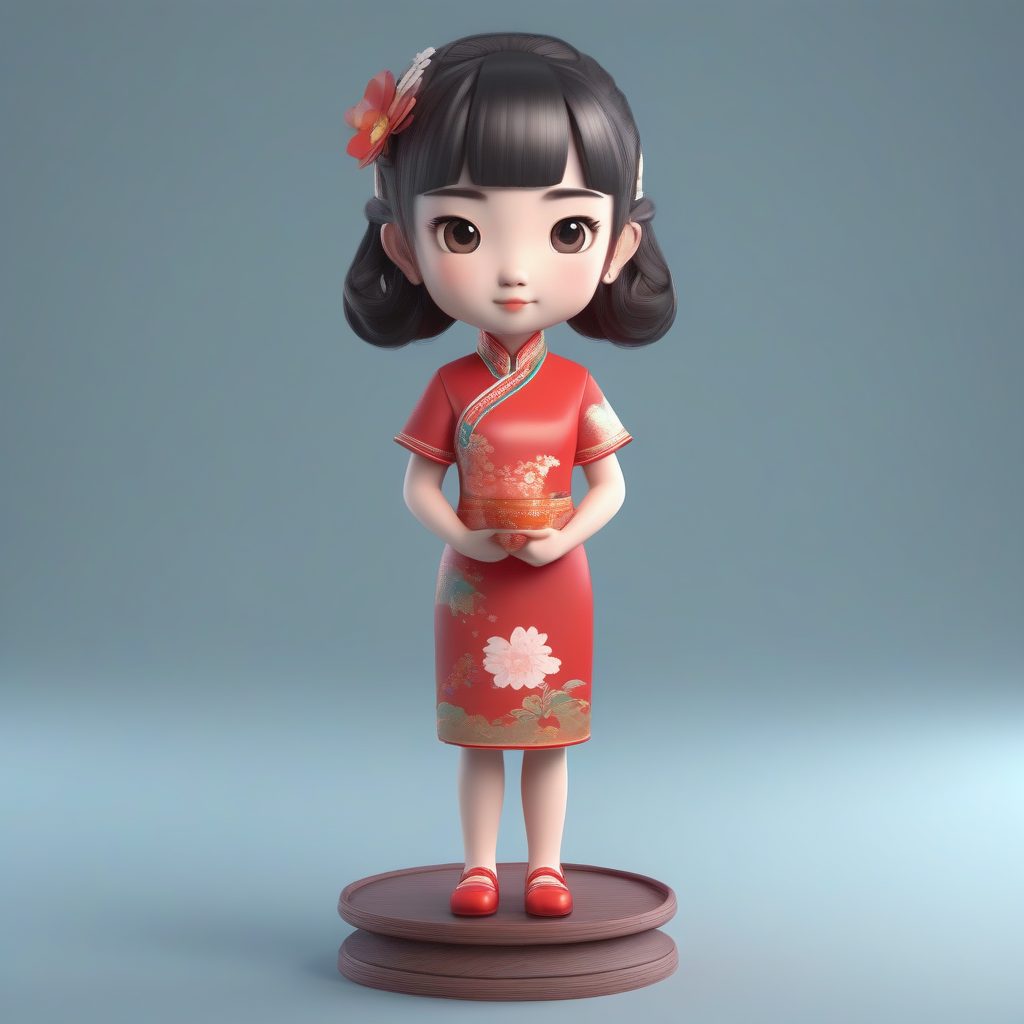 Octane渲染旗袍少女：粘土材质下的复古红色系3D全身模型生成技巧