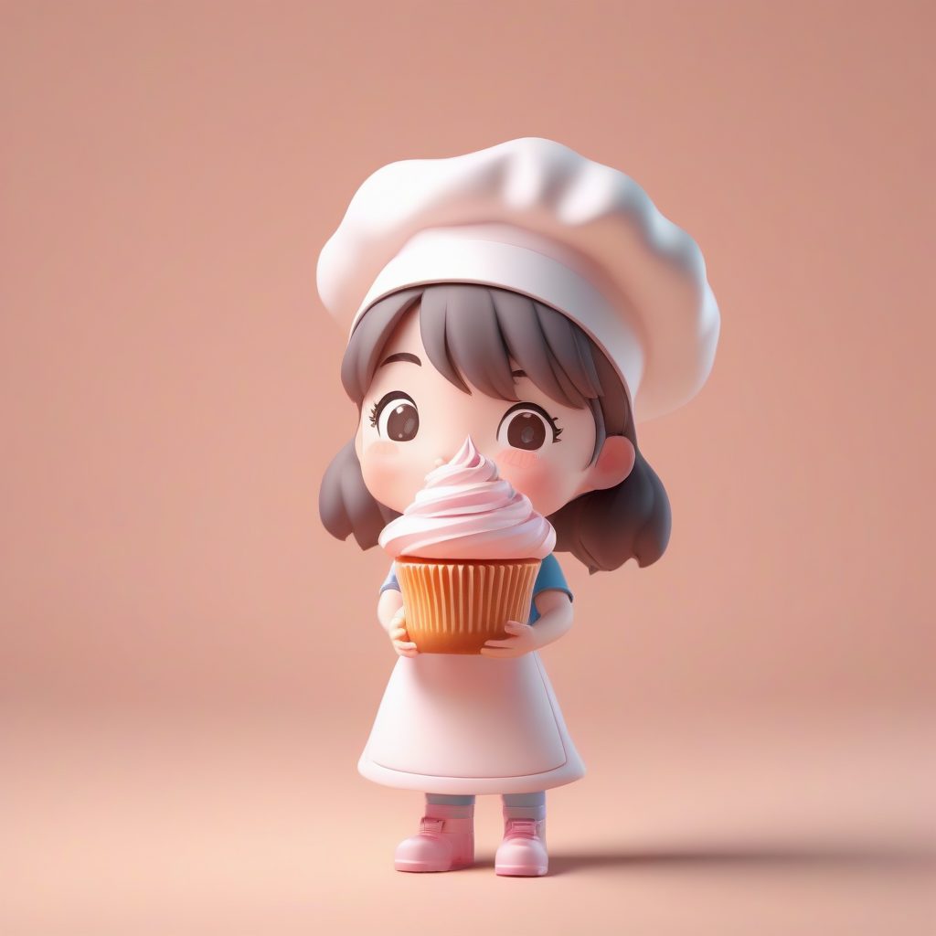Octane渲染甜点师Q版女孩：手捧巨型纸杯蛋糕，高亮3D盲盒风格