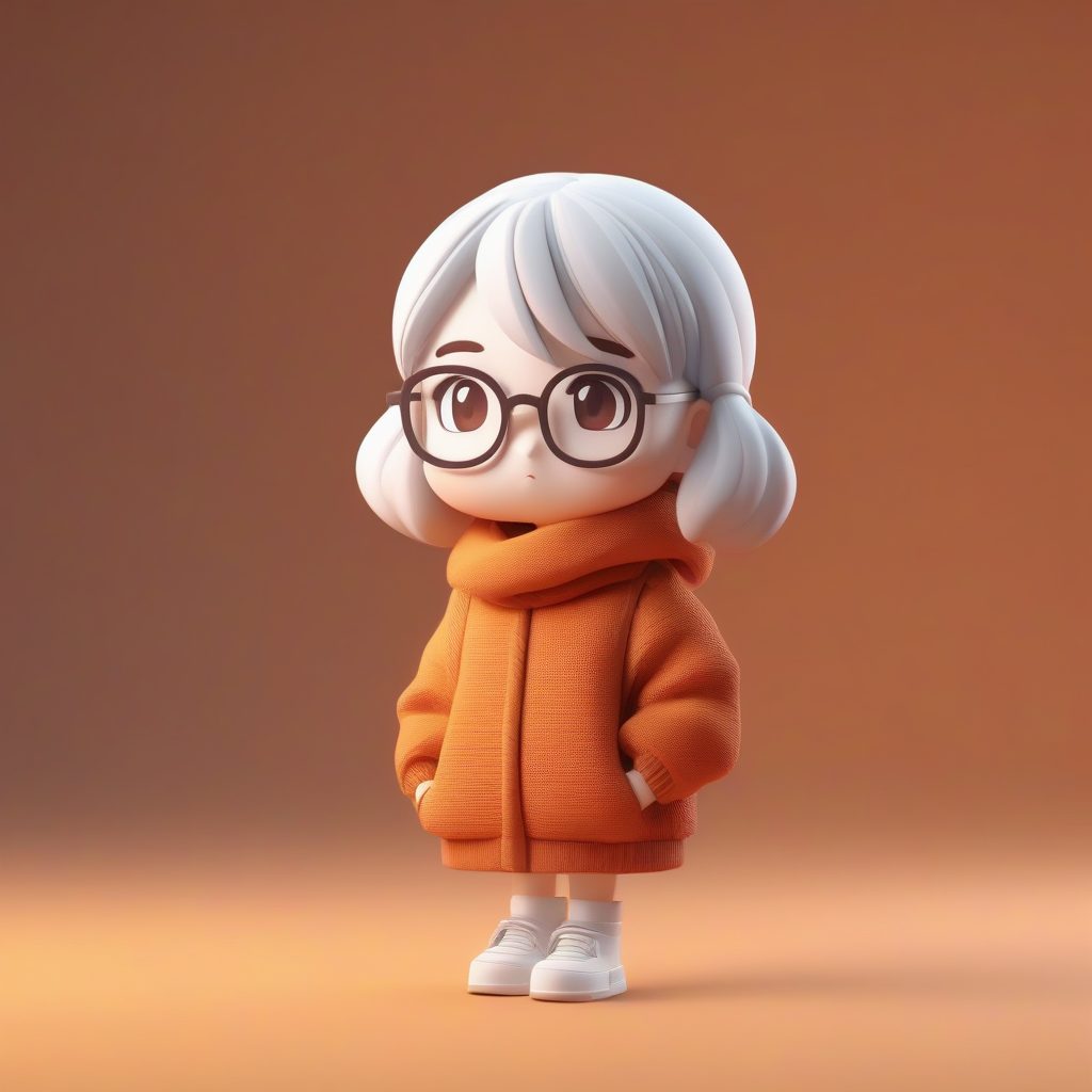 Octane渲染温馨书虫女孩：戴眼镜Q版人偶站立照提示词