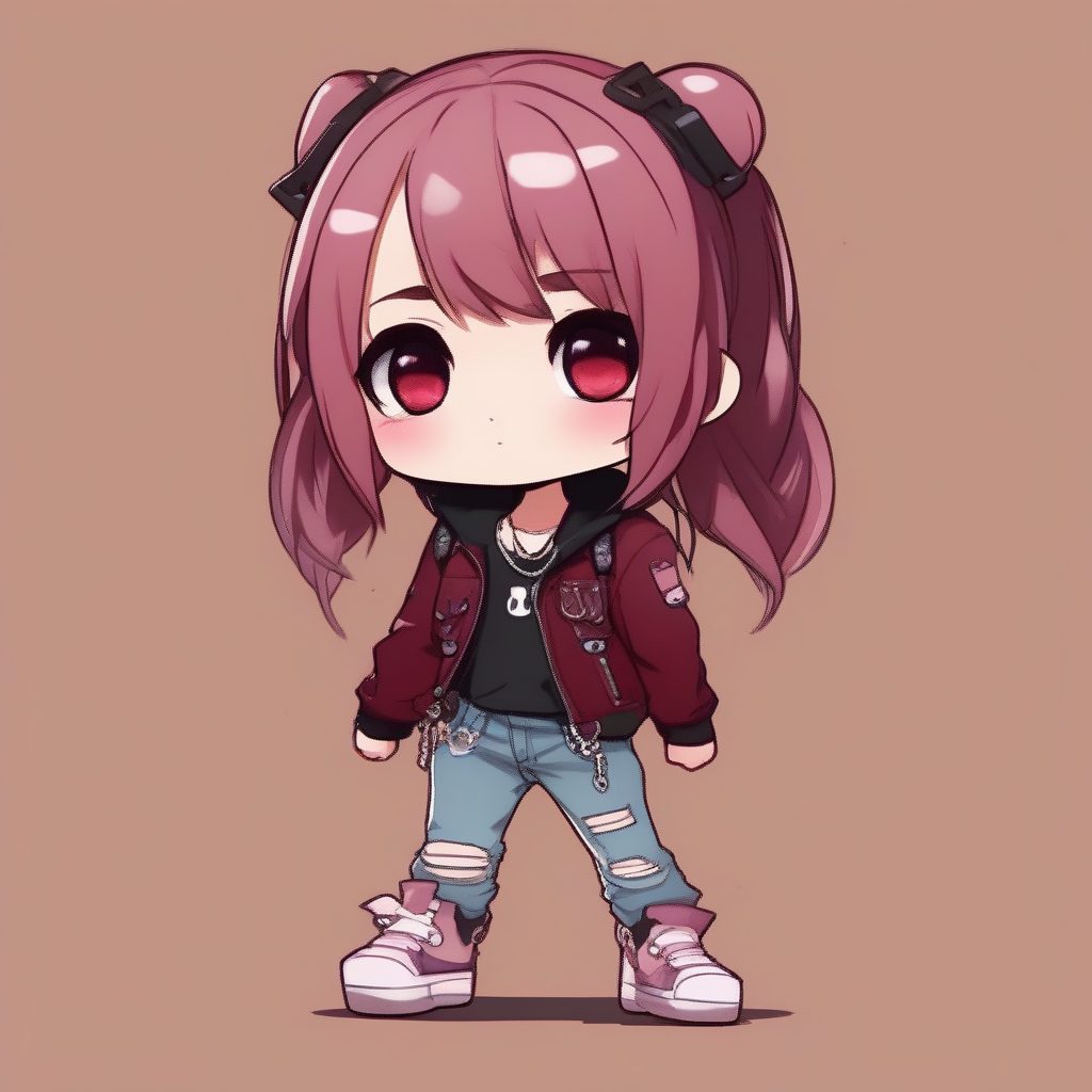 朋克美学Q版女孩：破洞牛仔裤与链条配饰，柔和褐红色背景