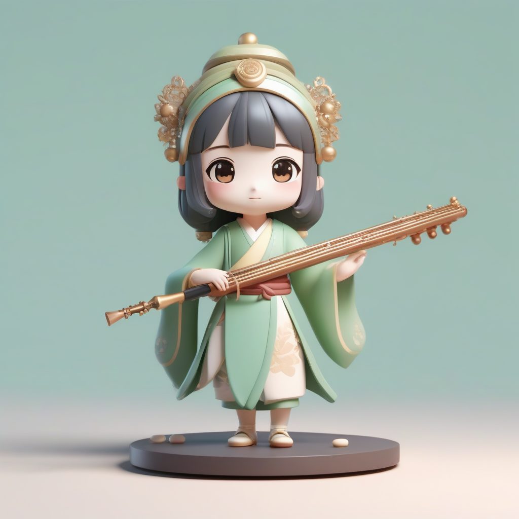 Pipa乐器演奏家Q版：C4D渲染敦煌壁画风可爱粘土手办全身提示词