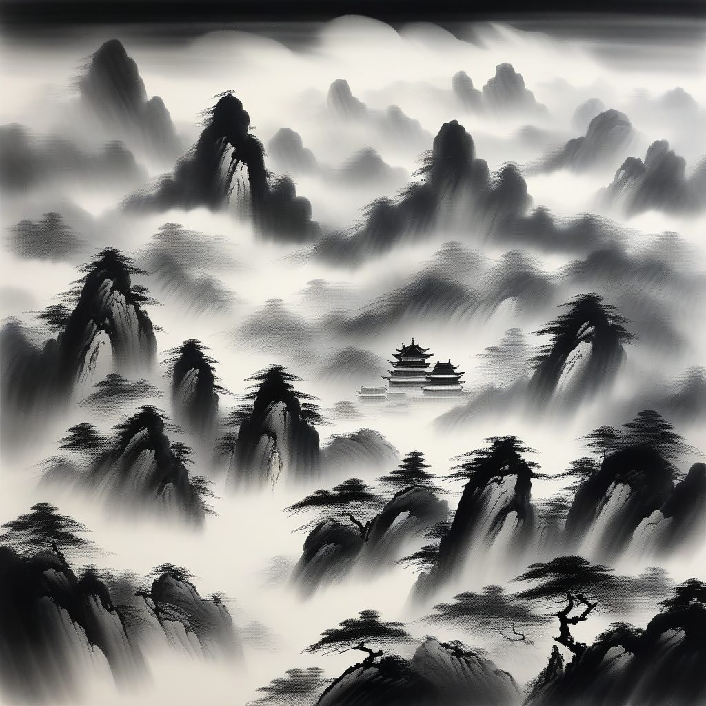 泼墨山水:雄伟云海与留白艺术的震撼意境