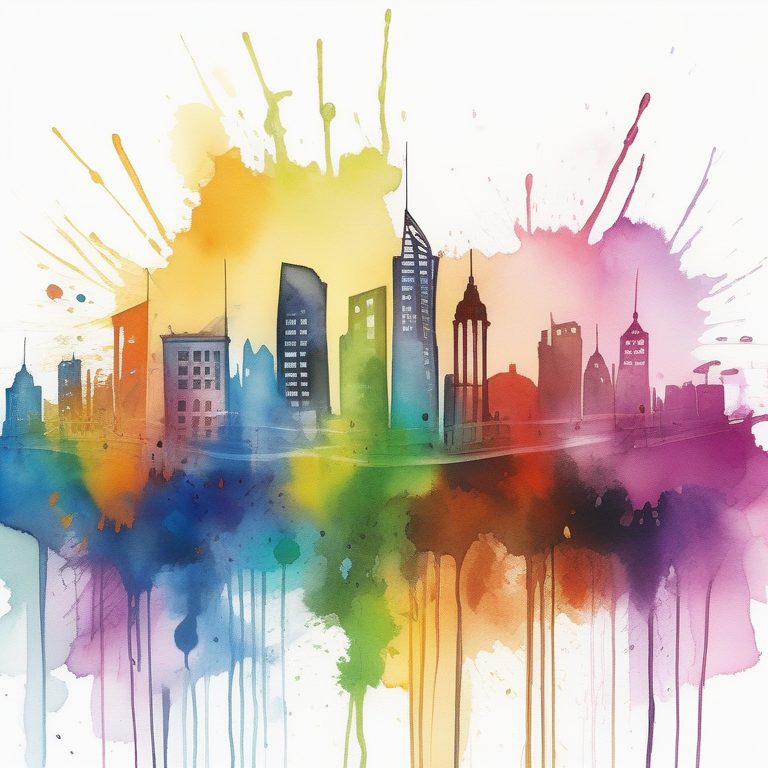 泼墨水滴风格的抽象彩虹城市