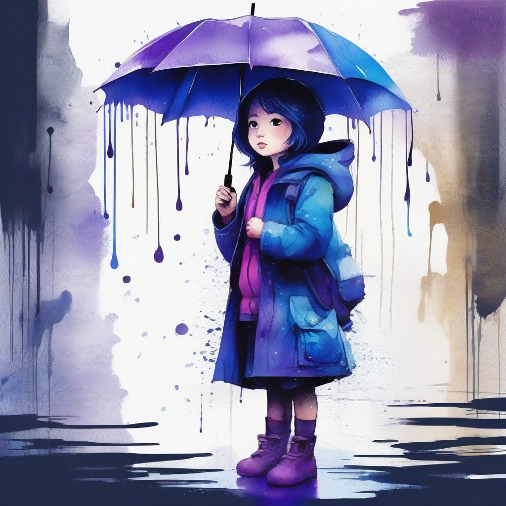 泼墨艺术：溅射墨滴效果的可爱Q版雨中全身像