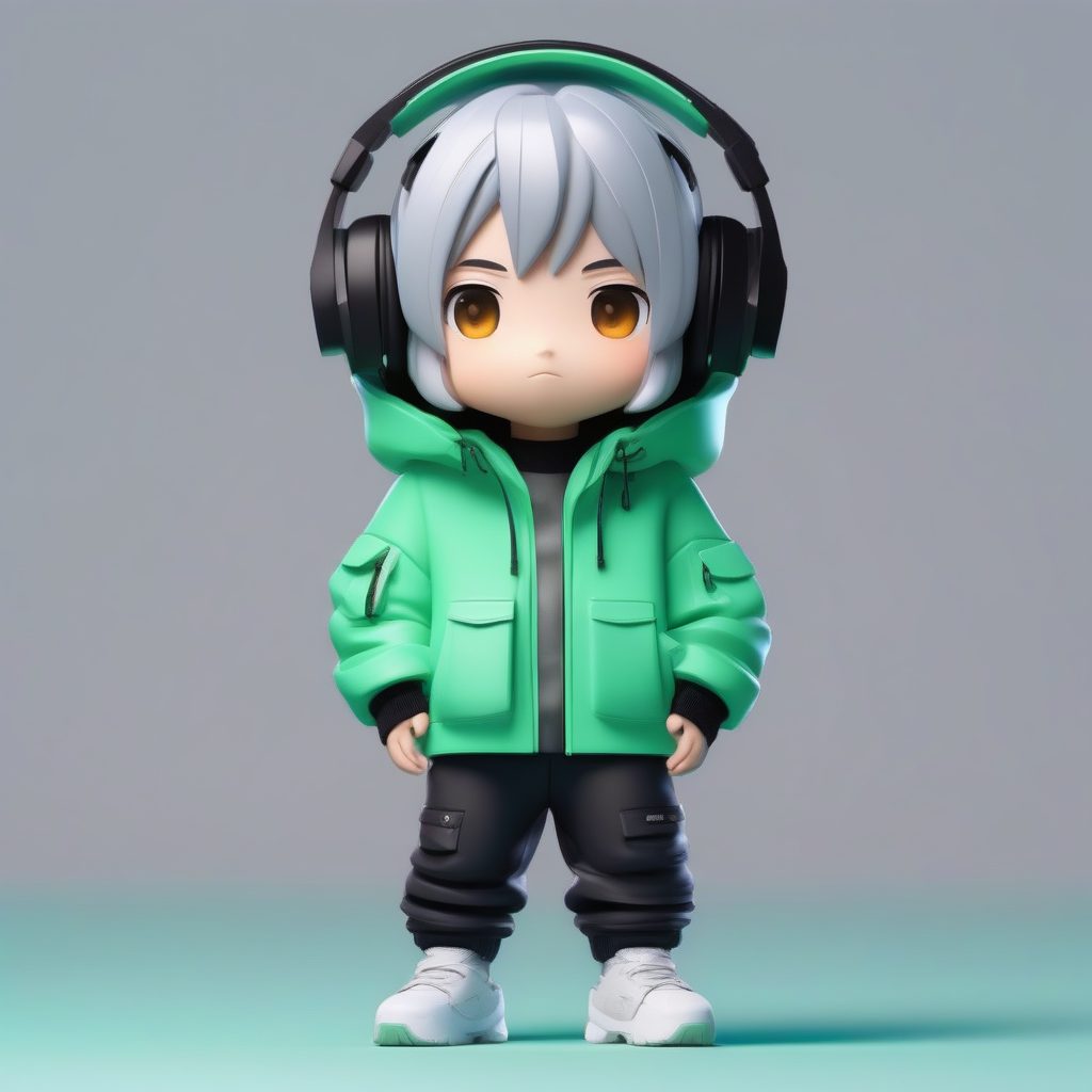 Pop Mart风格：耳机酷盖Q版人物卡片，纯色背景