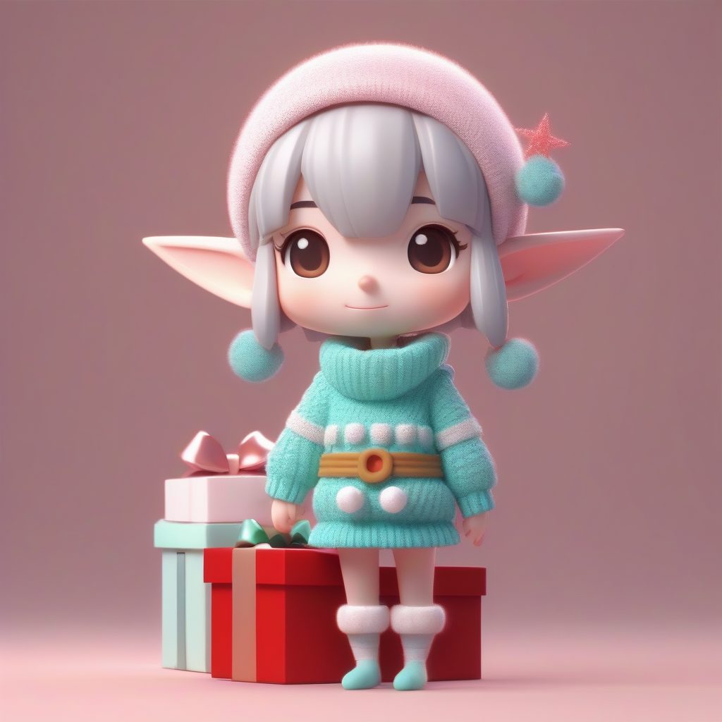 Pop Mart圣诞节Q版插画:柔和工作室光线下的卡哇伊全身站立照