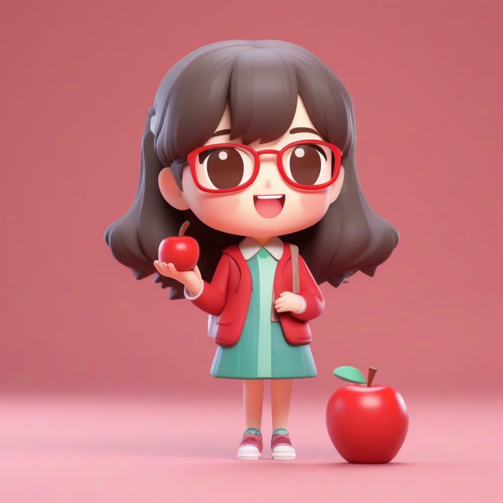 Pop Mart Q版小学女教师：全身粘土手办，持苹果与粉笔，超可爱3D渲染