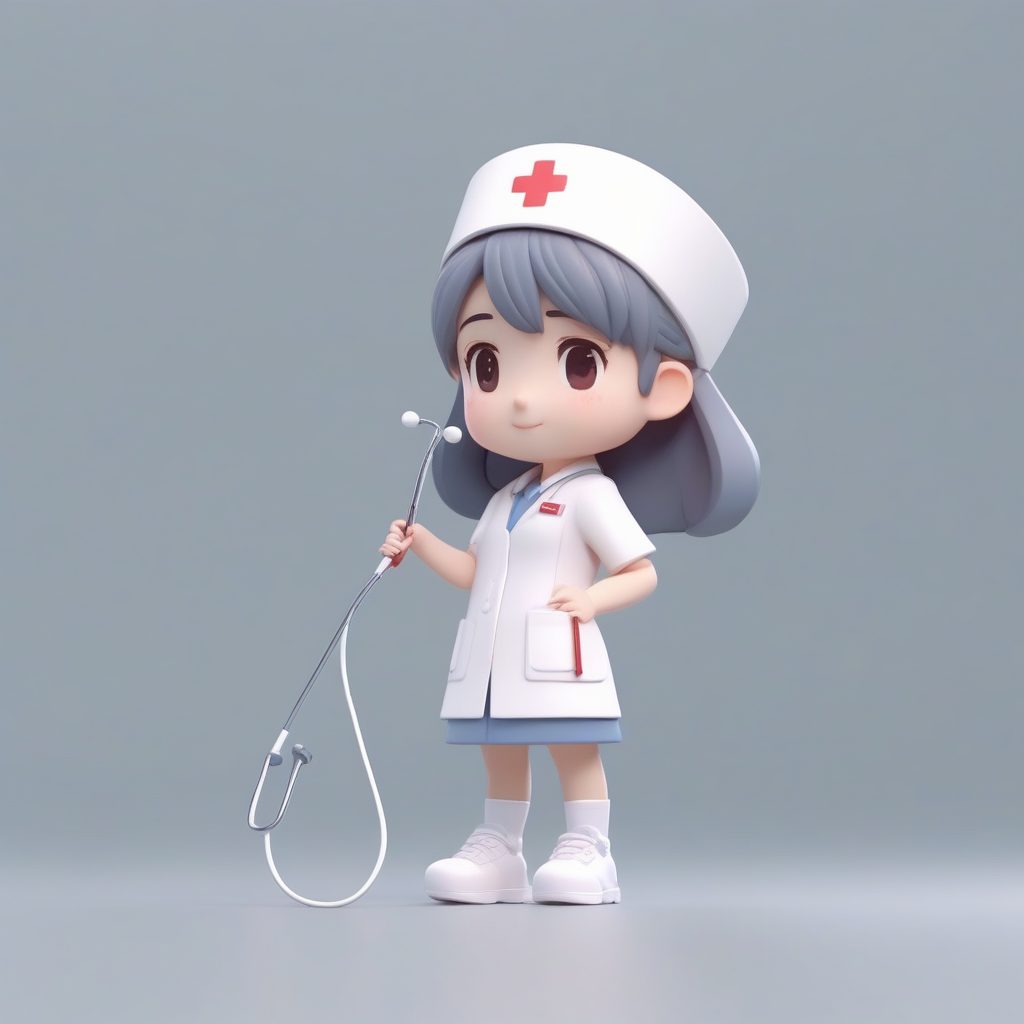 Pop Mart Q版校医：全身站立照，手持OK绷的柔和3D粘土模型