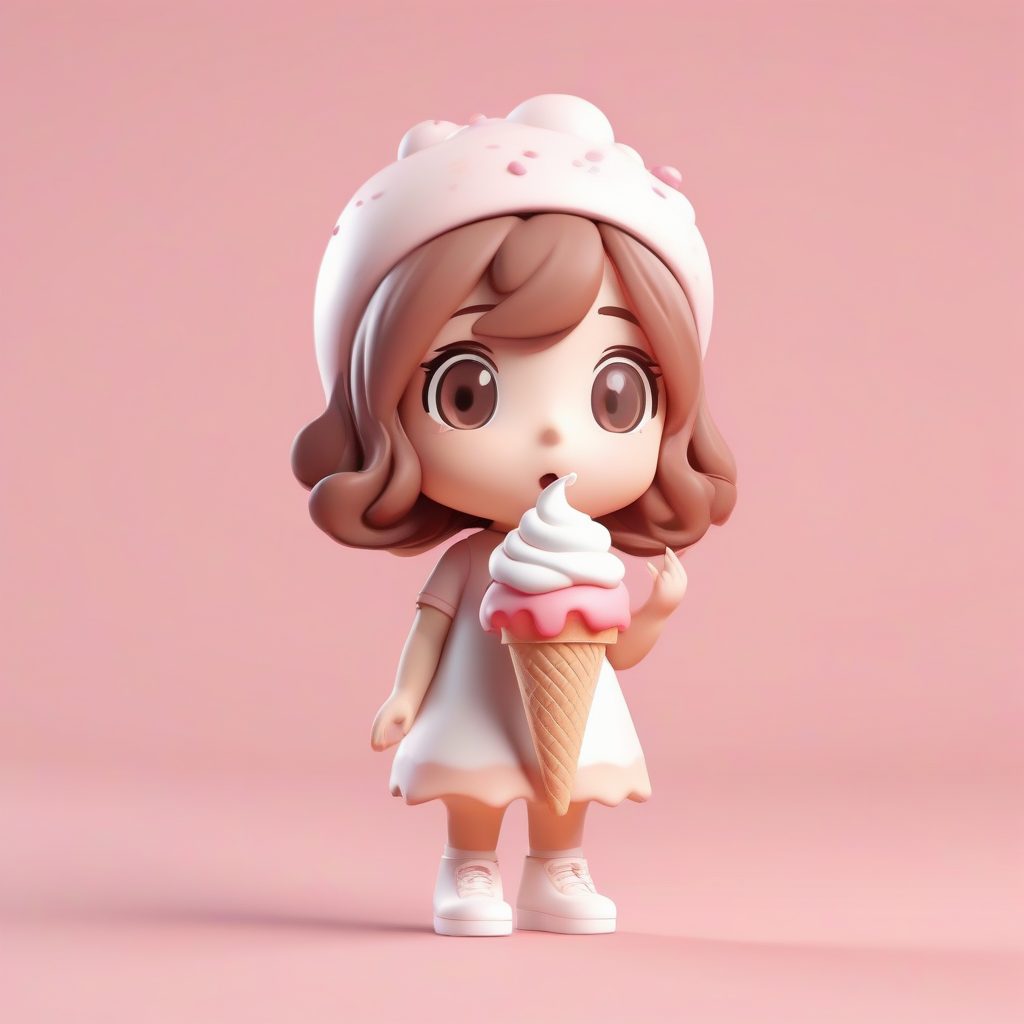 Q版冰淇淋女孩：展示三层甜筒的3D粘土手办全身照