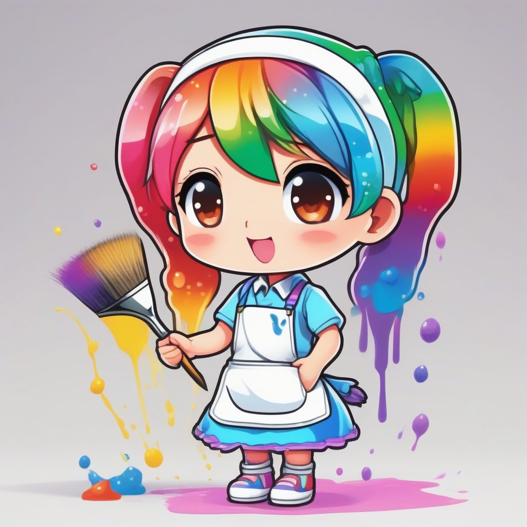 Q版彩虹画家：手持画笔，泼洒想象中的颜料，纯白背景