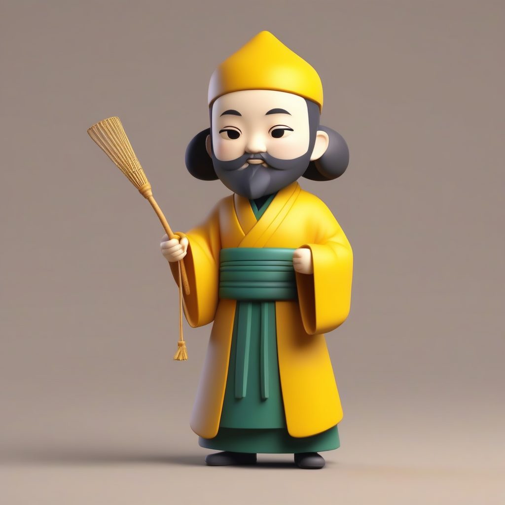 Q版道长角色卡哇伊：持拂尘，智慧表情，深绿色纯色背景