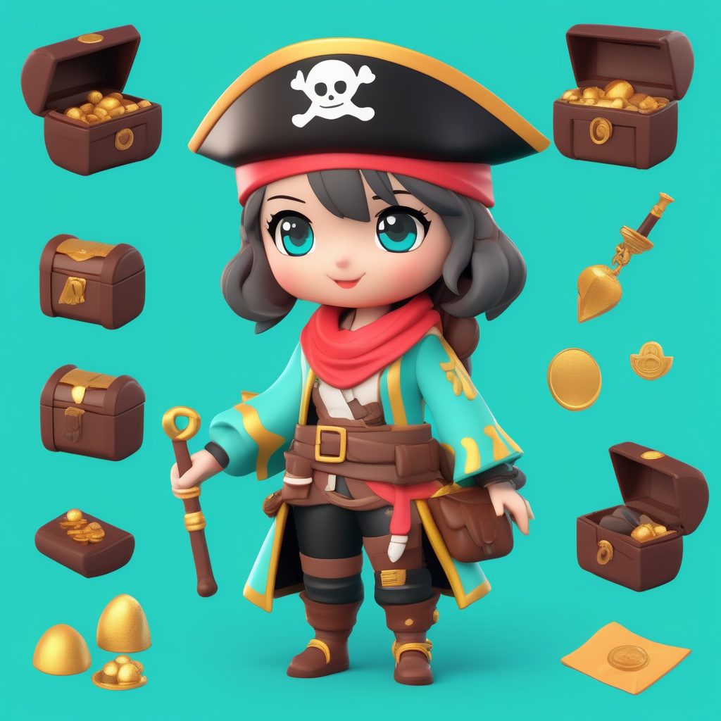 Q版海盗女孩3D盲盒渲染提示词：搞怪表情与航海冒险元素