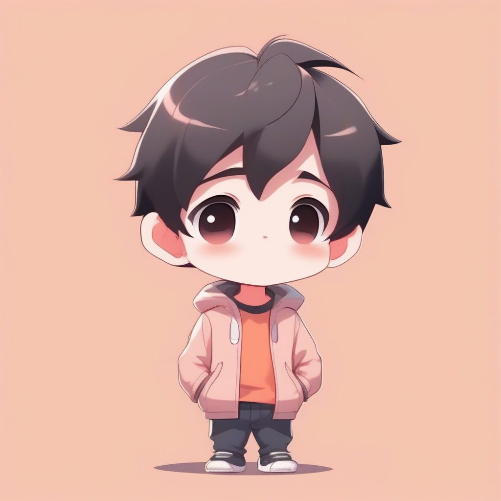 Q版好奇少年立绘：光追8K柔和桃背景肖像