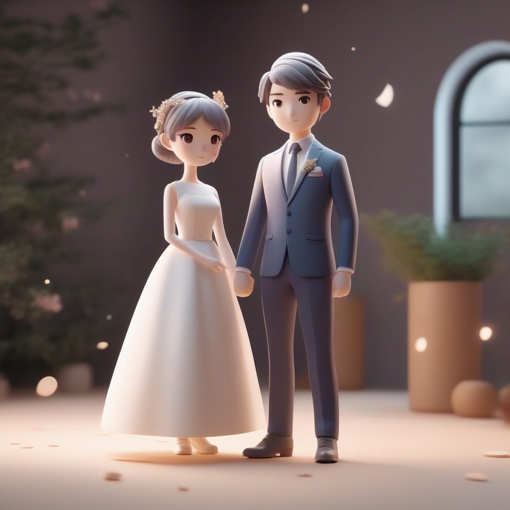 Q版婚纱照AI绘画：C4D光线追踪建模，生成超甜3D全身站立手办