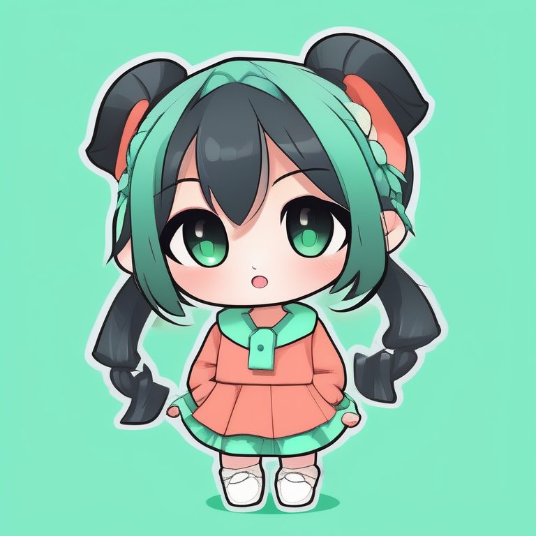 Q版极简大眼动漫女孩全身·薄荷绿色背景