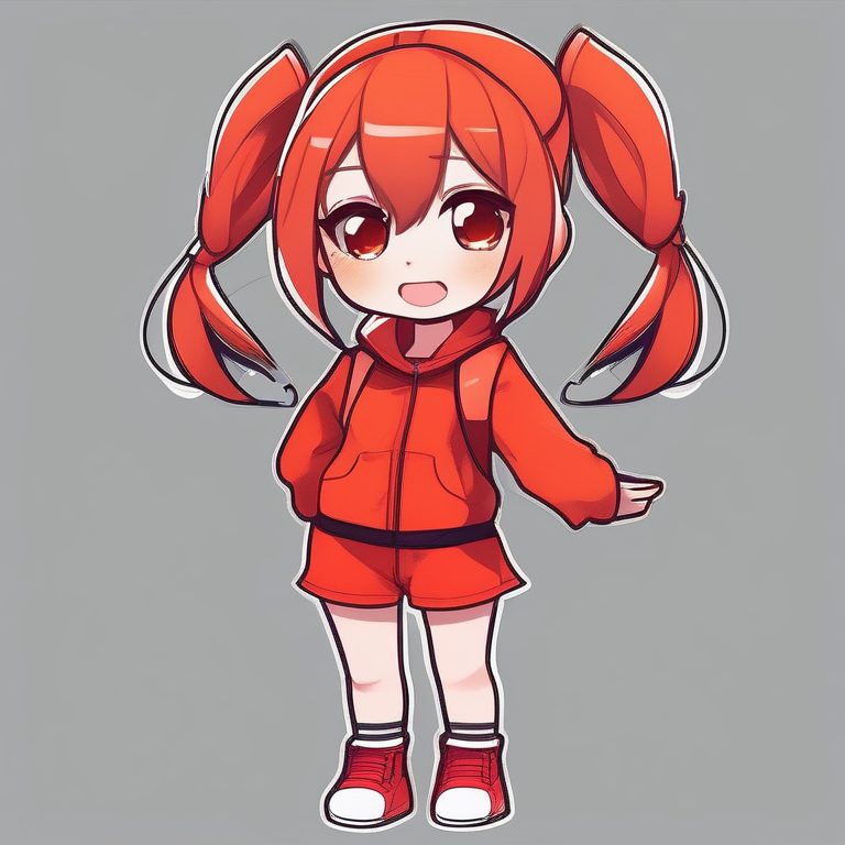 Q版极简动漫女孩全身形象，红色套裙，纯橙色背景