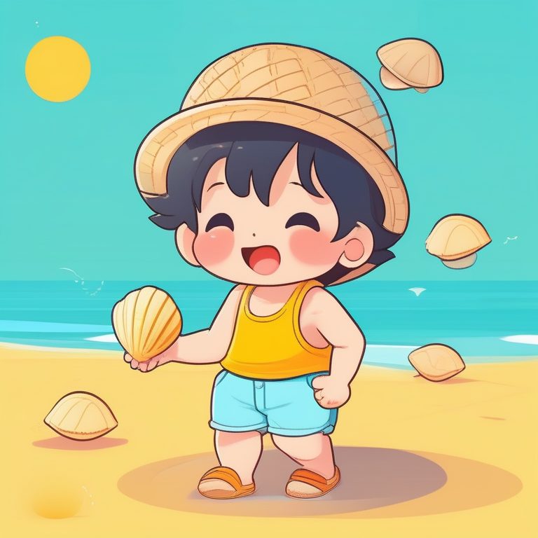 Q版极简卡哇伊男孩:草帽夏日沙滩小冒险