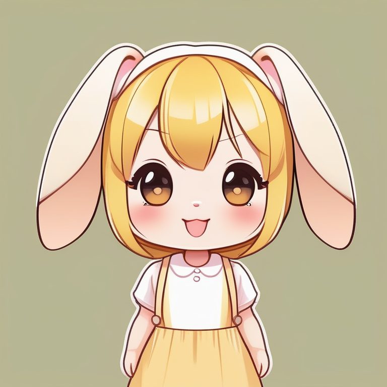 Q版卡哇伊女孩 全身 极简兔耳造型 黄色背景