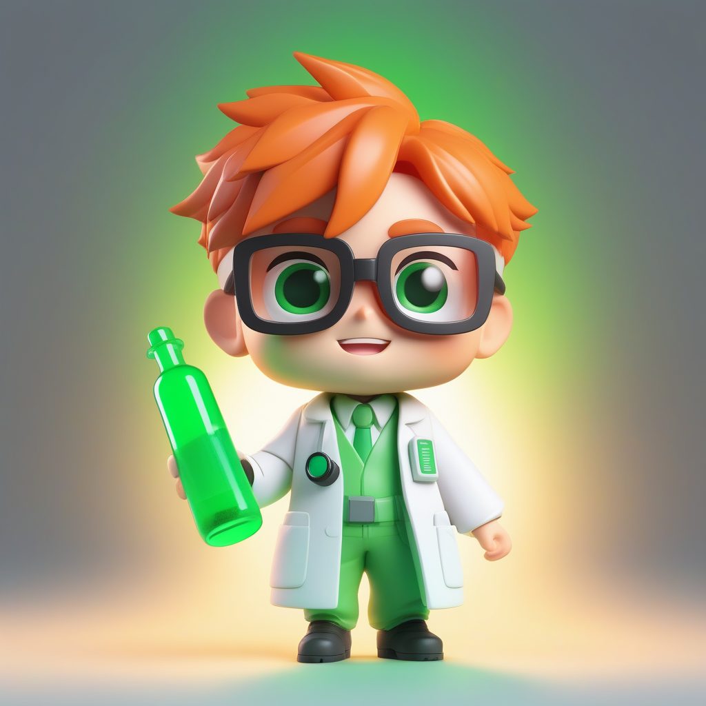 Q版科学家盲盒手办风AI绘画提示词：实验服与发光试管