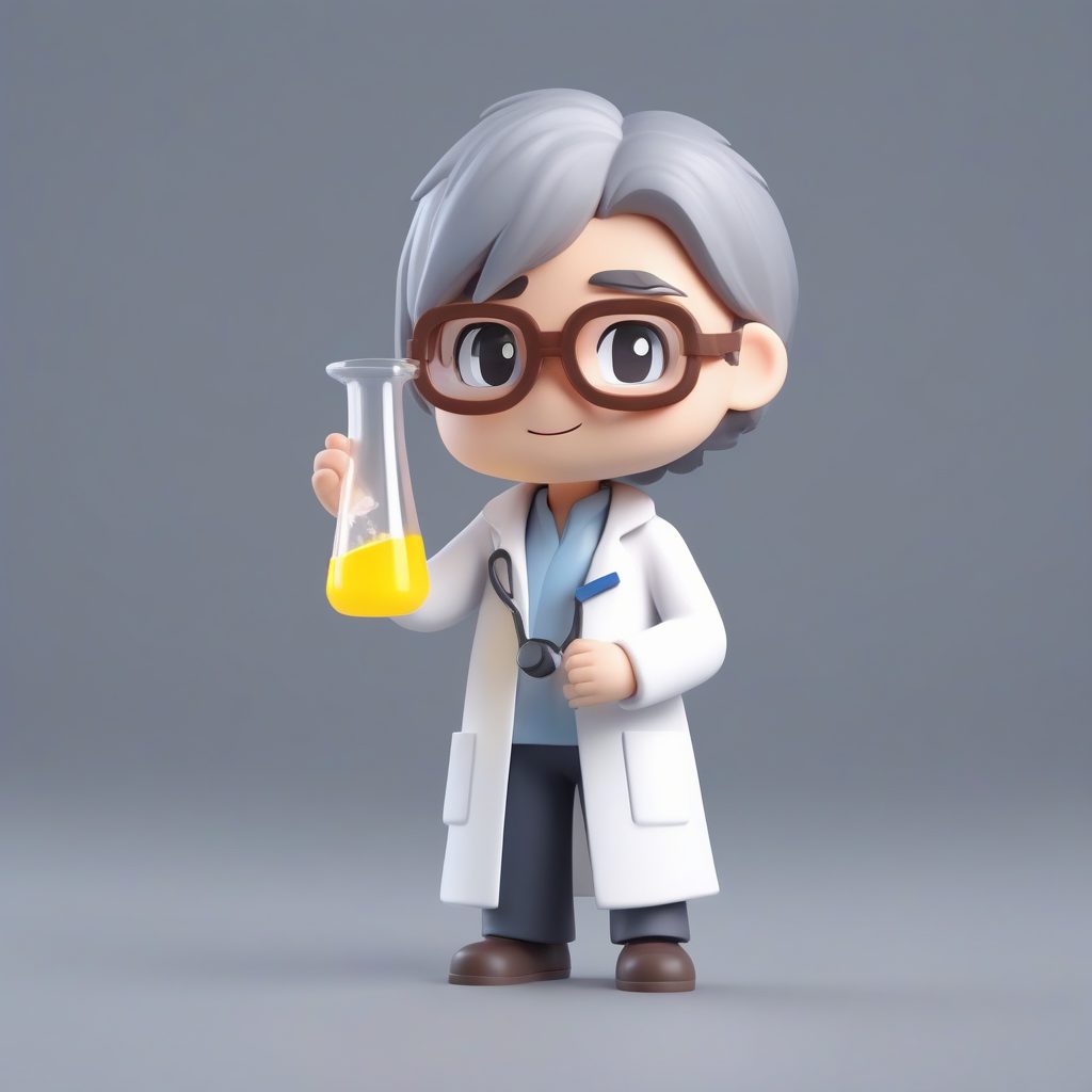 Q版科学家：手持烧杯，夸张的惊讶表情，纯石灰色背景
