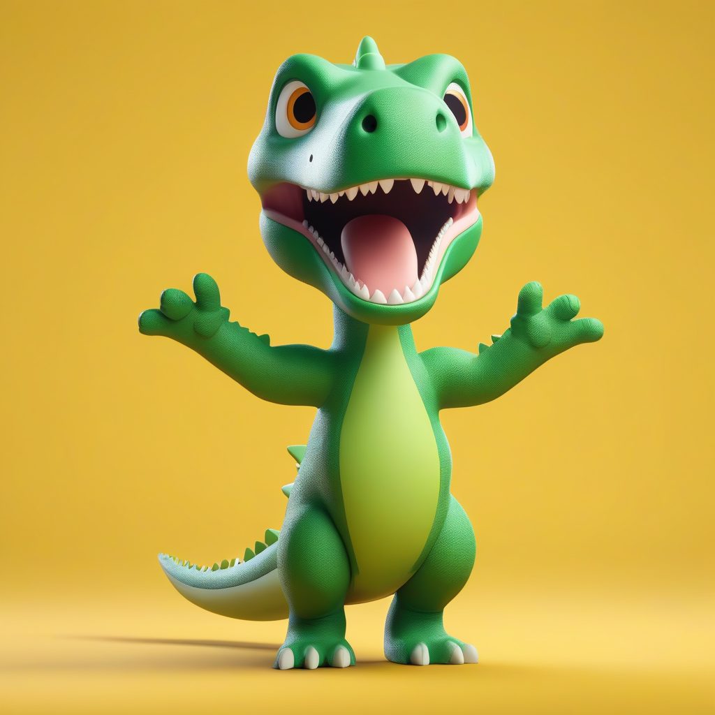 Q版恐龙布偶角色：全身跳跃动作，C4D光照，纯黄色背景