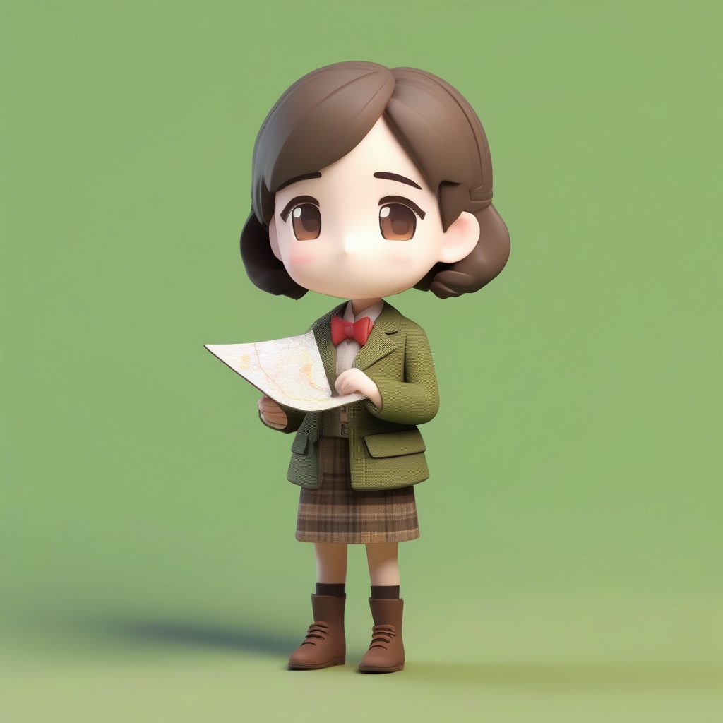 Q版历史女教师：手持迷你卷轴，好奇的歪头动作，纯橄榄绿背景