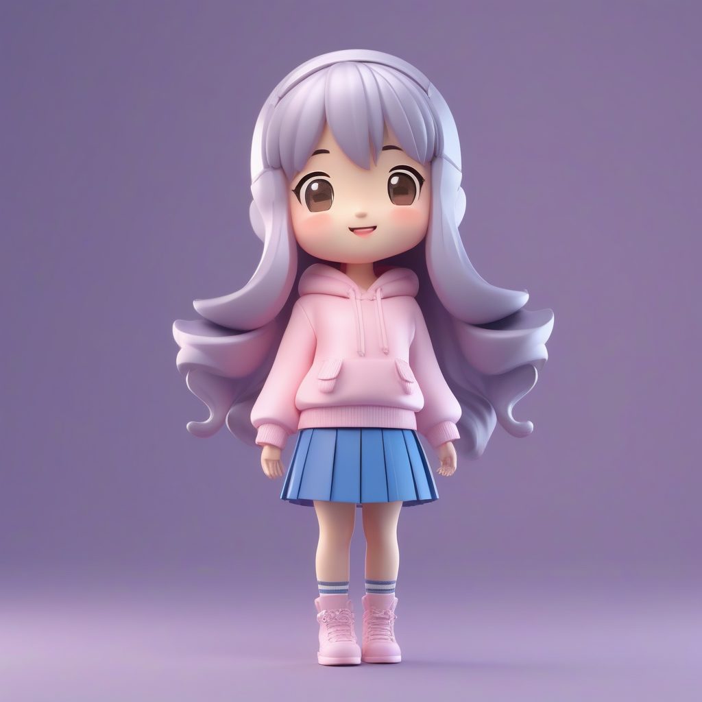 Q版盲盒风AI绘画：3D极简可爱银发少女挥手全身像