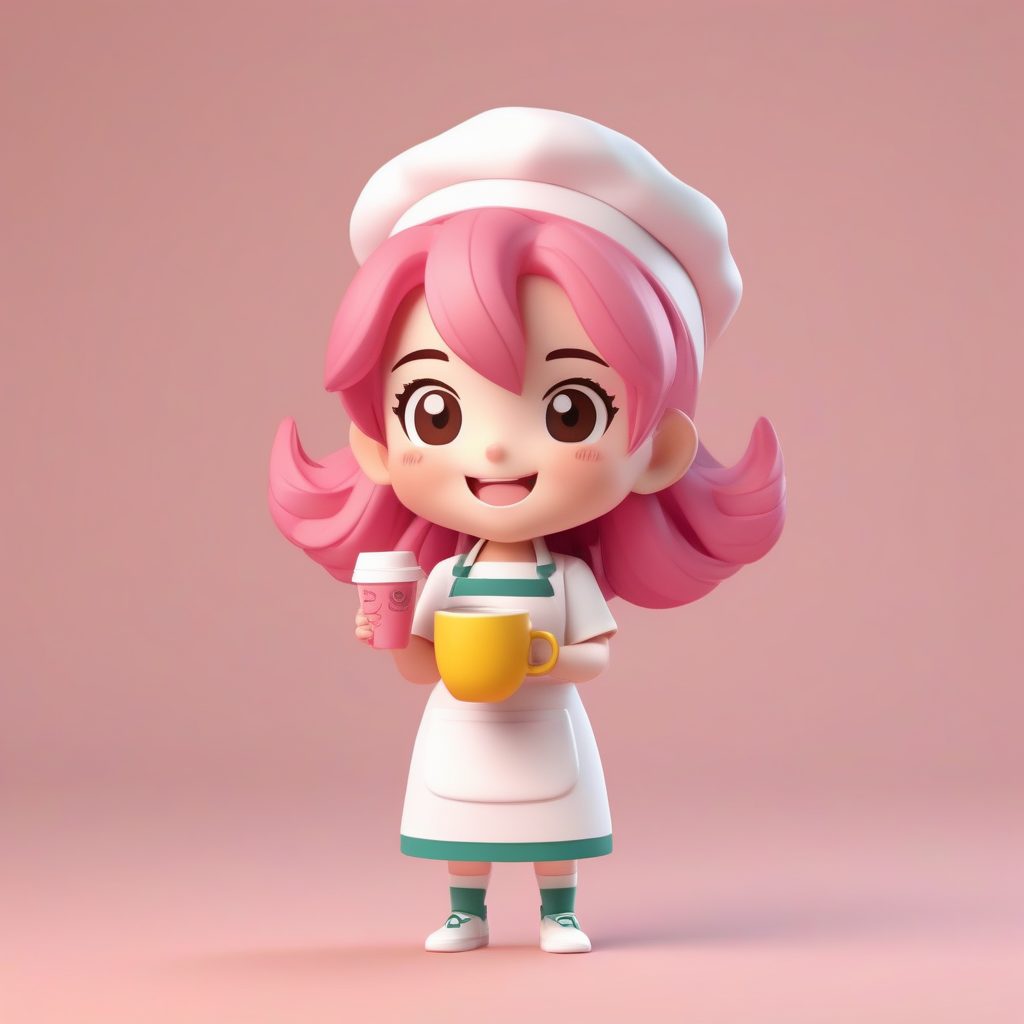 Q版盲盒咖啡师女孩3D渲染提示词：元气粉发与极简粘土造型