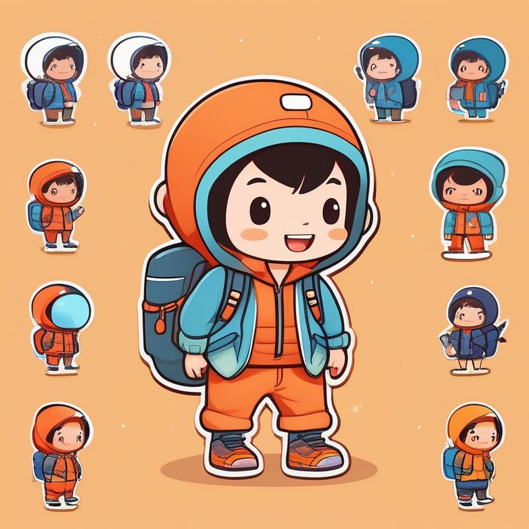 Q版冒险家风格全身可爱小男孩背包微笑插画