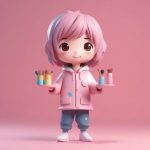 Q版美术老师:手持调色盘的创意3D角色卡,纯粉色背景 7 q ban mei shu lao shi shou chi tiao se pan de chuang yi 3d jue se ka chun fen se bei jing