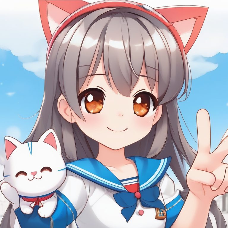 Q版萌妹猫耳造型·蓝调纯色背景