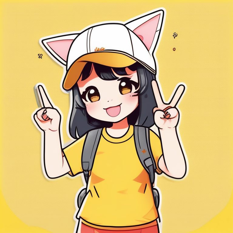 Q版萌系女孩:猫耳帽少女在黄色纯色背景摆V手势