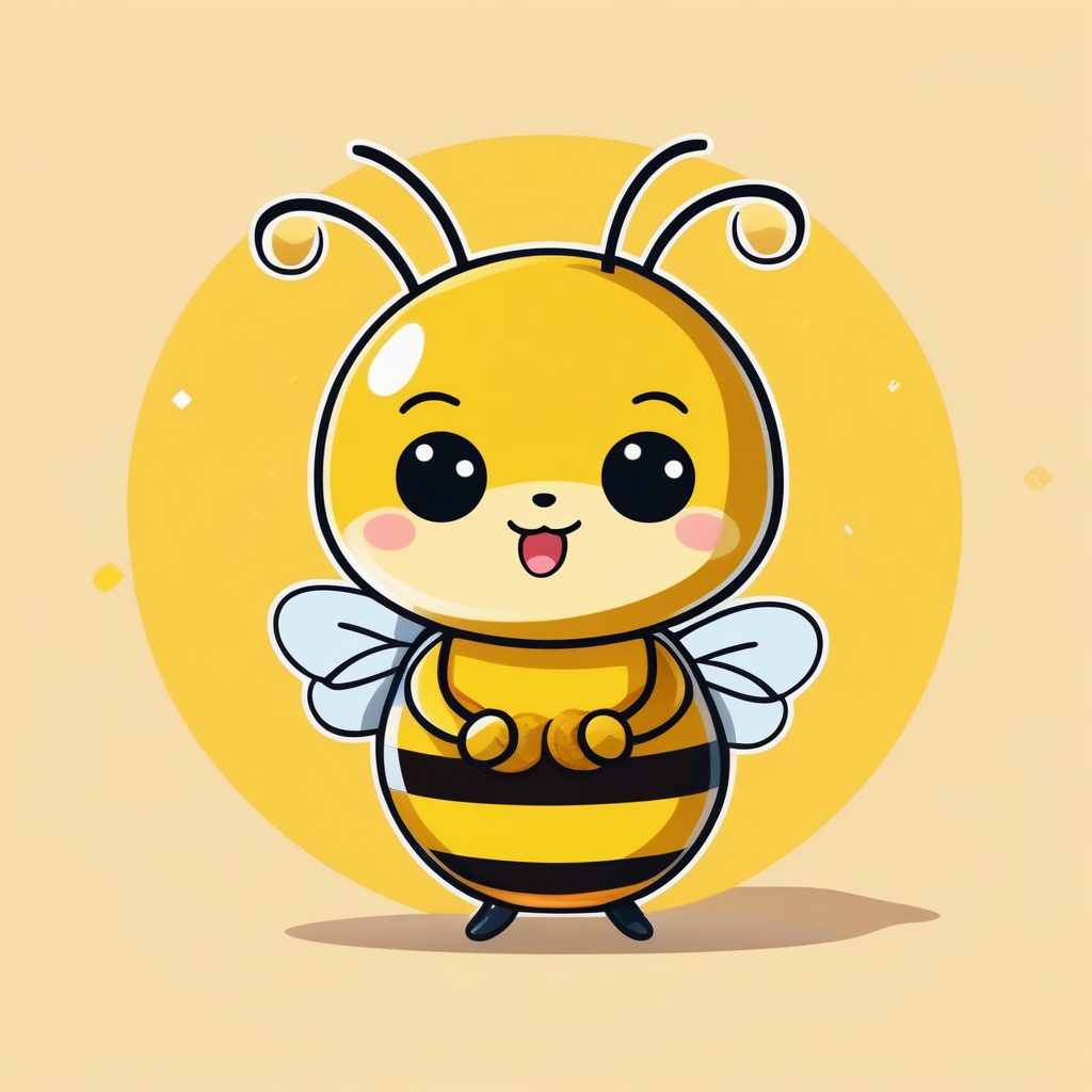 Q版蜜蜂角色：手捧蜂蜜罐，兴奋的嗡嗡声与艳黄色背景