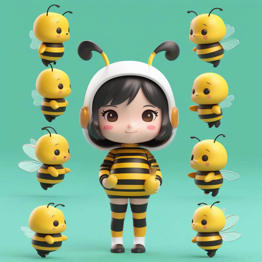 Q版蜜蜂女孩：抱着蜜罐微笑，绿色纯色背景渲染图