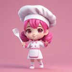Q版粘土风3D厨师女孩AI绘画提示词:甜美马尾辫与粉色背景 7 q ban nian tu feng 3d chu shi nyu hai ai hui hua ti shi ci tian mei ma yi bian yu fen se bei jing